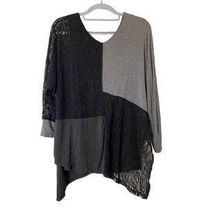 Democracy Top Black Lace Over Gray Soft Cotton Raglan color block asymetric Sz S